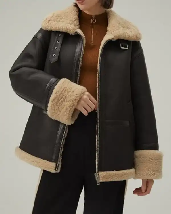 Womens Brown Shearling Matte Black Leather Jacket