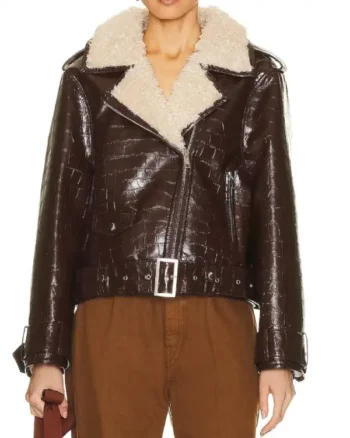 Womens Crocodile Textured Shearling Dark Brown Leather Biker Jacket