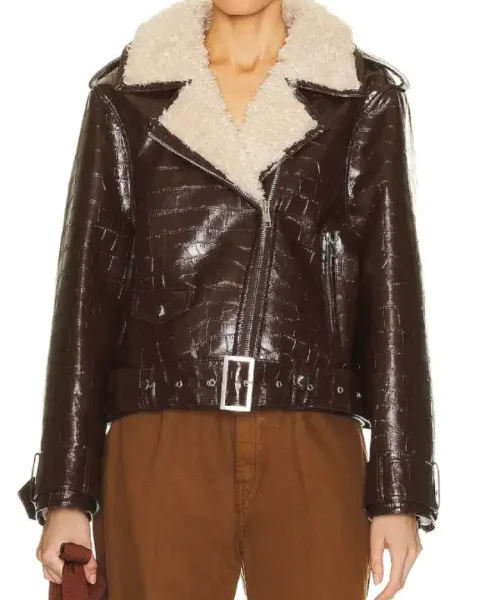 Womens Crocodile Textured Shearling Dark Brown Leather Biker Jacket