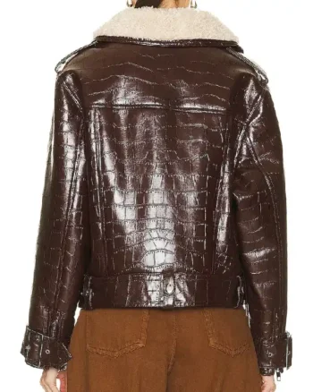 Womens Crocodile Textured Shearling Dark Brown Leather Biker Jacket back