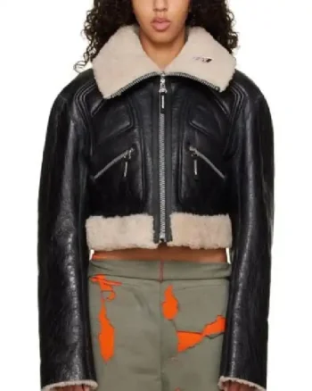 Womens Cropped Brown Shearling Black Leather Jacket