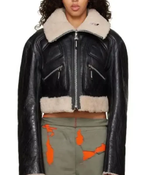 Womens Cropped Brown Shearling Black Leather Jacket
