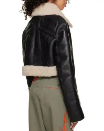 Womens Cropped Brown Shearling Black Leather Jacket back