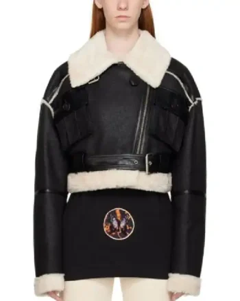 Womens Cropped Shearling Black Leather Jacket
