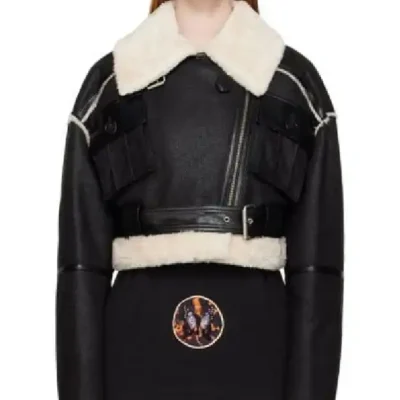 Womens Cropped Shearling Black Leather Jacket