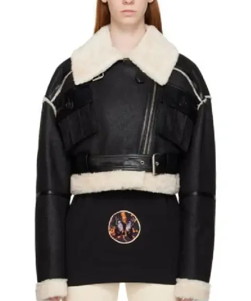 Womens Cropped Shearling Black Leather Jacket