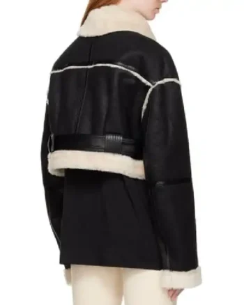 Womens Cropped Shearling Black Leather Jacket back
