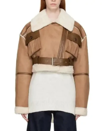 Womens Cropped Shearling Brown Leather Jacket