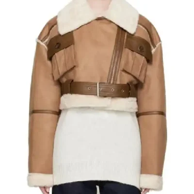 Womens Cropped Shearling Brown Leather Jacket