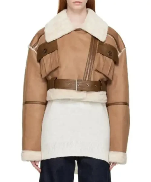 Womens Cropped Shearling Brown Leather Jacket