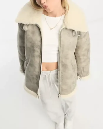 Womens Distressed Shearling Bomber White Leather Jacket