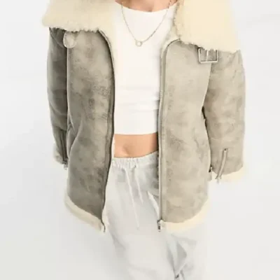Womens Distressed Shearling Bomber White Leather Jacket