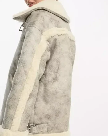 Womens Distressed Shearling Bomber White Leather Jacket back