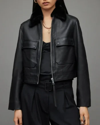 Womens Harrgton Leather Jacket With Shearling Collar