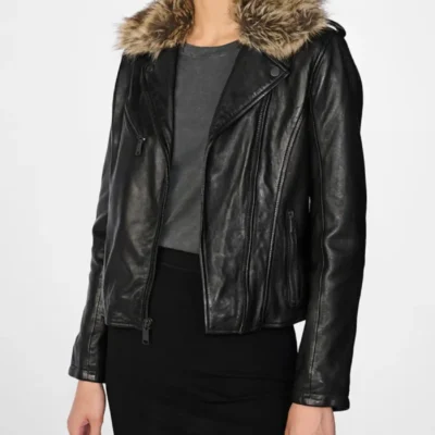 Womens Leather Biker Jacket Black With Removable Fur Collar