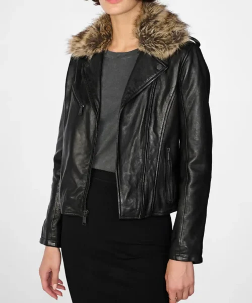Womens Leather Biker Jacket Black With Removable Fur Collar