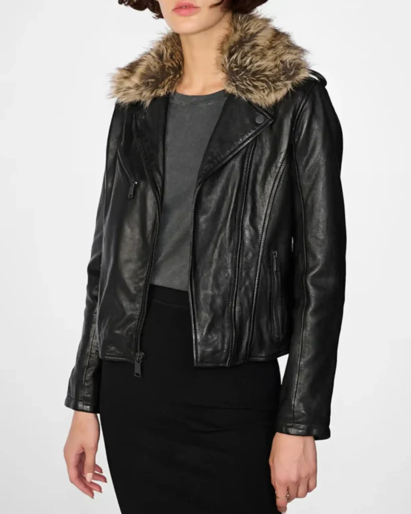 Womens Leather Biker Jacket Black With Removable Fur Collar