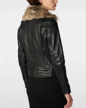 Womens Leather Biker Jacket Black With Removable Fur Collar back