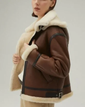 Womens Leather Shearling Jacket Dark Brown With Removable Hood