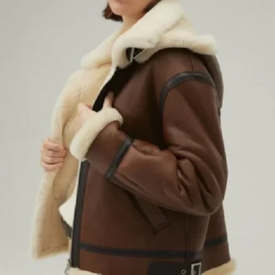 Womens Leather Shearling Jacket Dark Brown With Removable Hood