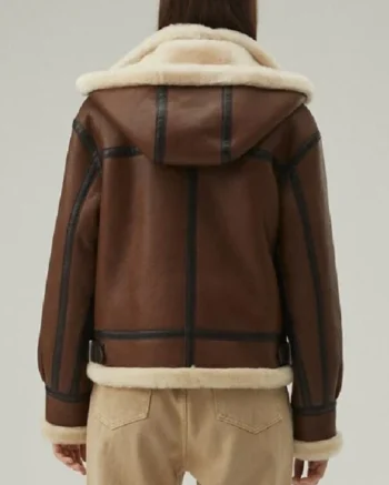 Womens Leather Shearling Jacket Dark Brown With Removable Hood back