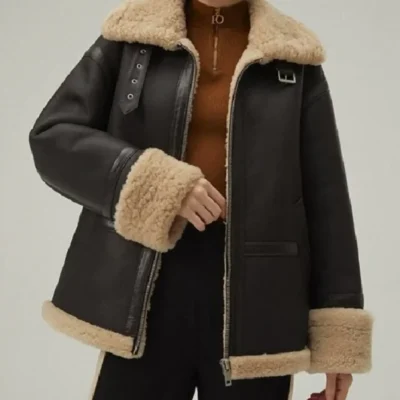 Womens Leather Shearling Matte Black Jacket