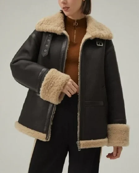 Womens Leather Shearling Matte Black Jacket