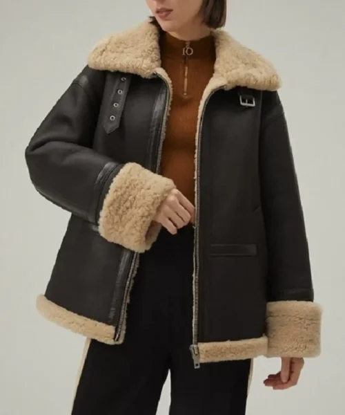 Womens Leather Shearling Matte Black Jacket