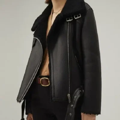 Womens Matte Black Shearling Leather Jacket