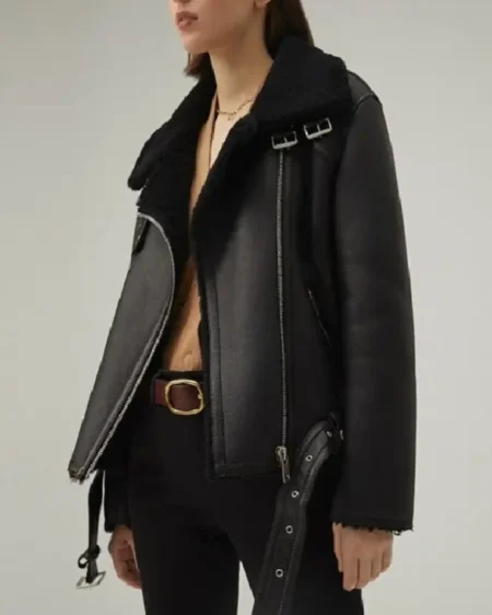 Womens Matte Black Shearling Leather Jacket