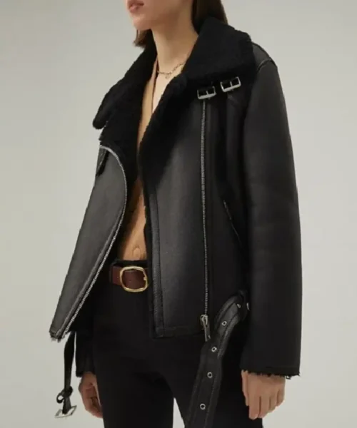 Womens Matte Black Shearling Leather Jacket