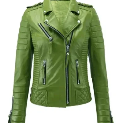 Womens Moto Biker Lambskin Leather Green Jacket