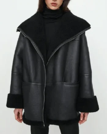 Womens Oversized Black Shearling Bomber Leather Jacket