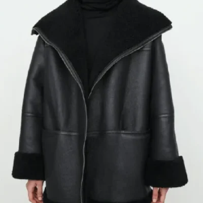 Womens Oversized Black Shearling Bomber Leather Jacket