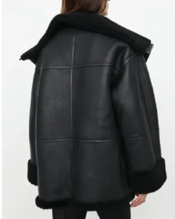 Womens Oversized Black Shearling Bomber Leather Jacket back