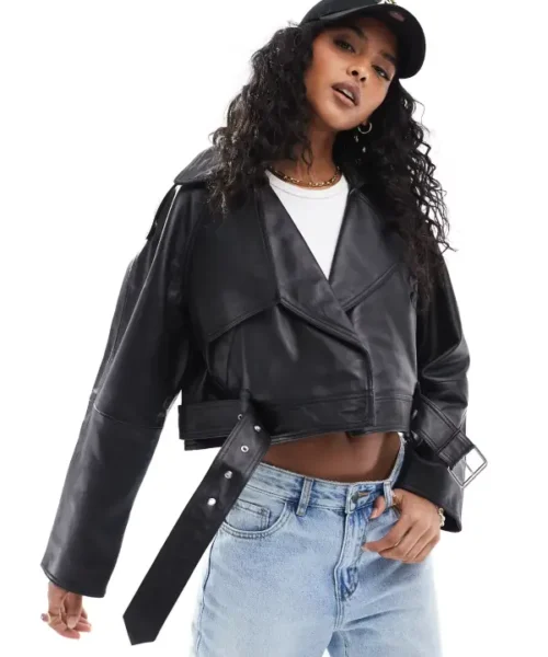 Womens Overszied Cropped Leather Jacket