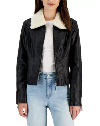 Womens Shearling Aviator Fur Black Leather Jacket