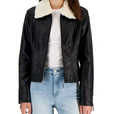 Womens Shearling Aviator Fur Black Leather Jacket