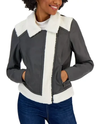 Womens Shearling Aviator Fur Gray Leather Jacket