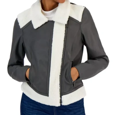 Womens Shearling Aviator Fur Gray Leather Jacket