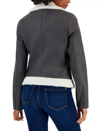 Womens Shearling Aviator Fur Gray Leather Jacket back