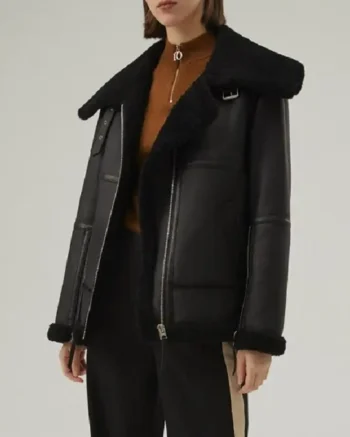 Womens Shearling Aviator Matte Black Leather Jacket