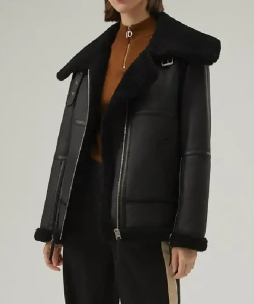 Womens Shearling Aviator Matte Black Leather Jacket