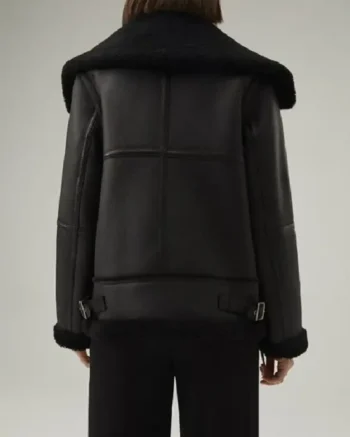 Womens Shearling Aviator Matte Black Leather Jacket back