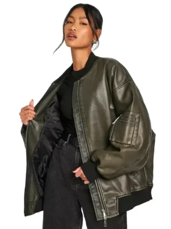Womens Vintage Oversized Bomber Leather Jacket