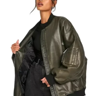 Womens Vintage Oversized Bomber Leather Jacket