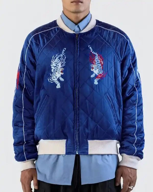 Buy Azuki Twin Tigers Satin Blue Quilted Jacket Sale frand