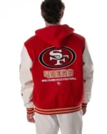 Buy San Francisco 49ers The Wild Collective Red & White Hooded Varsity Jacket Sale