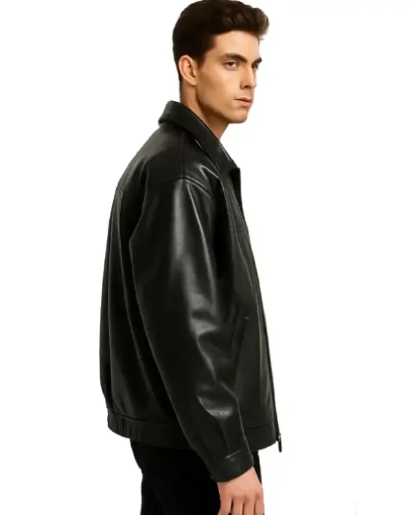 Classic Black Leather Zip-Up Jacket For Men’s