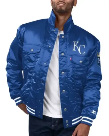 KC Royals Satin Royal Silver Tab Trucker Jacket